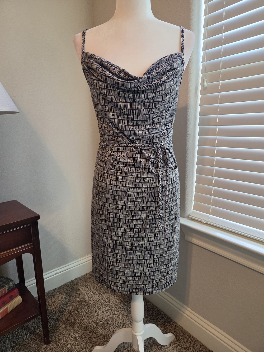 City Triangles Black and White Patterned Cowl Neck Midi Dress